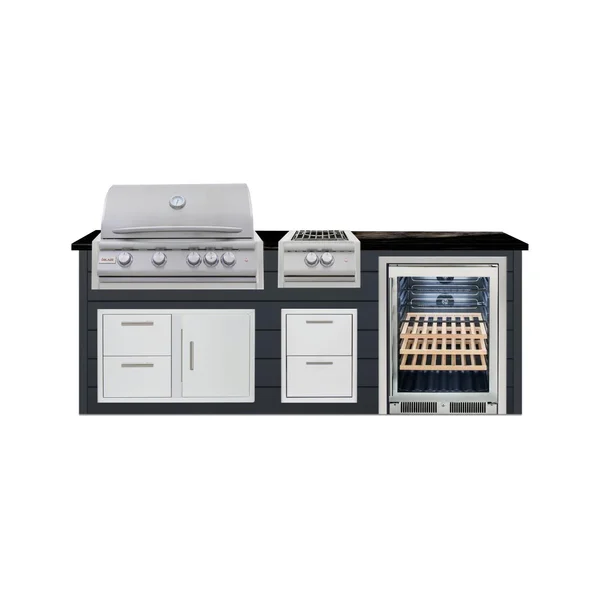 BBQGuys Signature 8 Ft Outdoor Kitchen Island w/ 32 Inch Natural Gas Blaze LTE+ Grill Power Burner & Beverage Center | Asphalt Gray w/ Titanium Granite