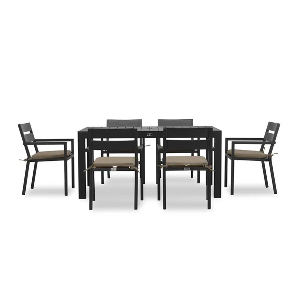 Calm Bay Classic 7 Pc Rectangular Aluminum Dining Set in Black/Heather Beige by Lakeview Outdoor Designs