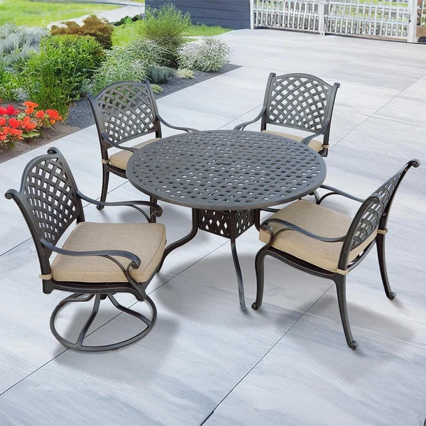 Nassau 5 Pc Cast Aluminum Dining Set w/ 48 Inch Round Series 30 Table & 2 Swivel Rockers in Antique Bronze/Sesame by Darlee