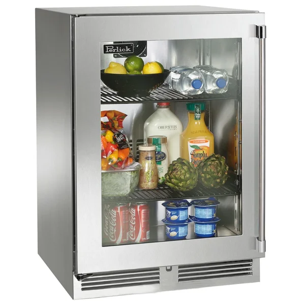 Perlick 24-Inch Signature Series Shallow Depth Stainless Steel Glass Door Outdoor Refrigerator - Left Hinged - HH24RO-4-3L