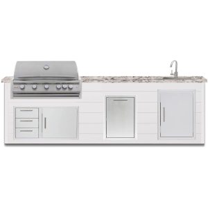BBQGuys Signature 10 Ft Outdoor Kitchen Island w/ 40 Inch Propane Blaze LTE+ Grill & Double Trash Bin | Crystal White w/ White Granite