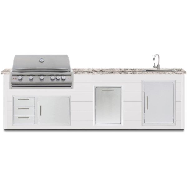 BBQGuys Signature 10 Ft Outdoor Kitchen Island w/ 40 Inch Propane Blaze LTE+ Grill & Double Trash Bin | Crystal White w/ White Granite