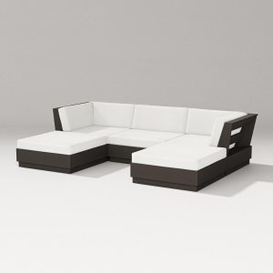 Elevate 5 Pc Recycled Plastic Double Chaise Sectional Seating Set in Vintage Coffee/Natural Linen By PW Designer Series