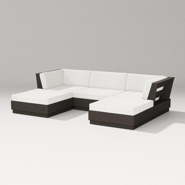 Elevate 5 Pc Recycled Plastic Double Chaise Sectional Seating Set in Vintage Coffee/Natural Linen By PW Designer Series
