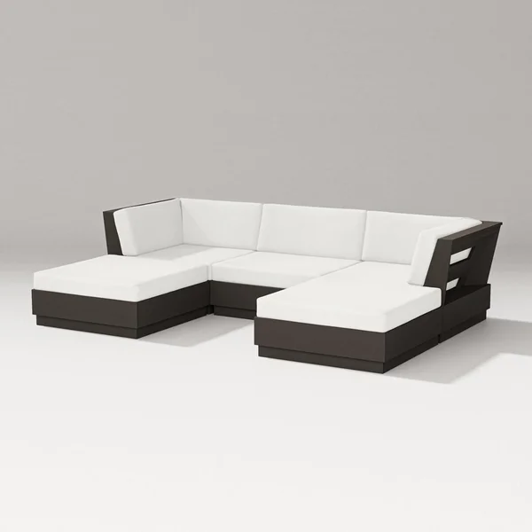 Elevate 5 Pc Recycled Plastic Double Chaise Sectional Seating Set in Vintage Coffee/Natural Linen By PW Designer Series