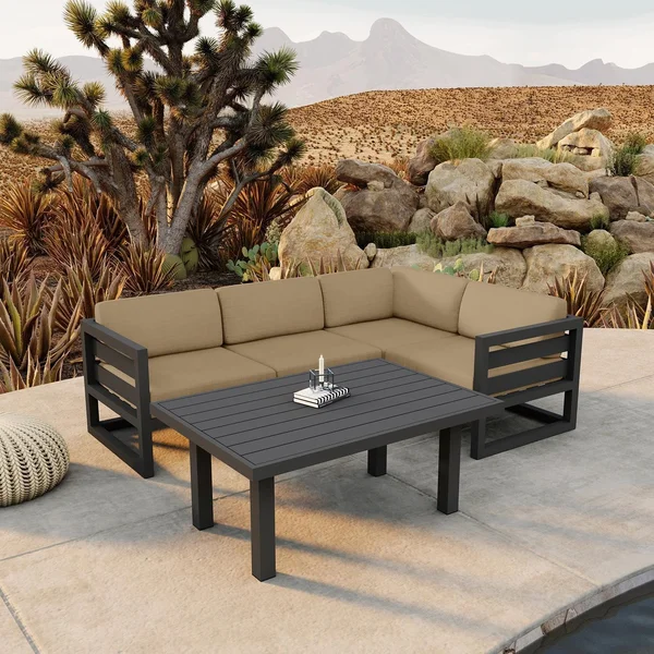 Misty Cove 5 Pc Aluminum Seating Set w/ Sectional & Classic Chat Table in Slate/Heather Beige by Lakeview Outdoor Designs