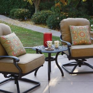 Santa Monica 3 Pc Cast Aluminum Seating Set w/ 21 Inch Square Series 60 End Table & Swivel Rockers in Antique Bronze/Sesame by Darlee
