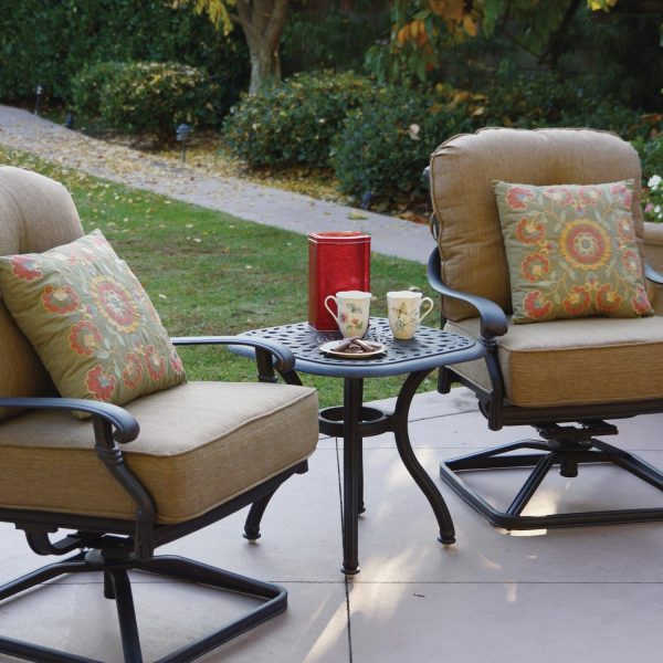 Santa Monica 3 Pc Cast Aluminum Seating Set w/ 21 Inch Square Series 60 End Table & Swivel Rockers in Antique Bronze/Sesame by Darlee