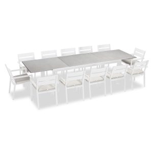 Calm Bay 13 Pc Extendable Aluminum Dining Set in White/Concrete/Canvas Natural by Lakeview Outdoor Designs
