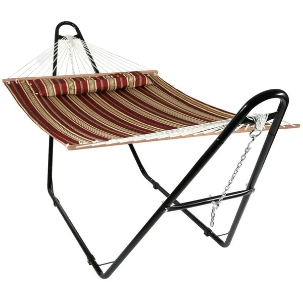 Ultimate Patio Quilted Double Hammock w/ Pillow & Universal Stand - Red Stripe