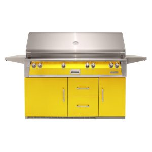 Alfresco ALXE 56-Inch Freestanding Propane All Grill On Refrigerated Cart With Sear Zone And Rotisserie in Traffic Yellow - ALXE-56BFGR-LP-S1023