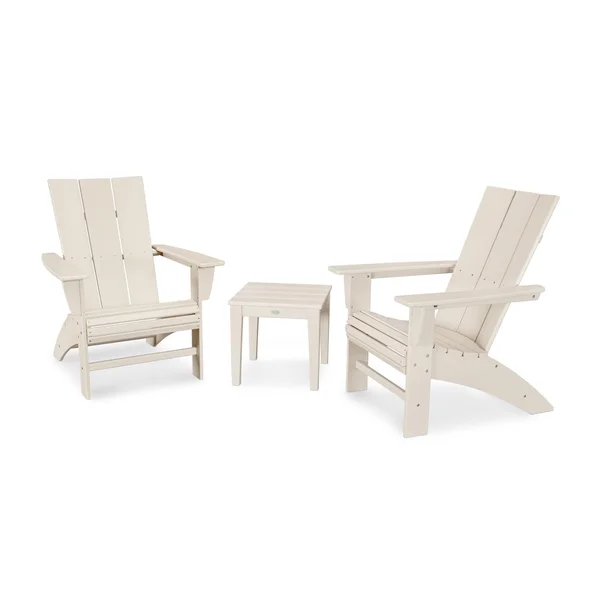 Modern Adirondack 3 Pc Recycled Plastic Seating Set w/ Curveback Chairs in Sand by POLYWOOD