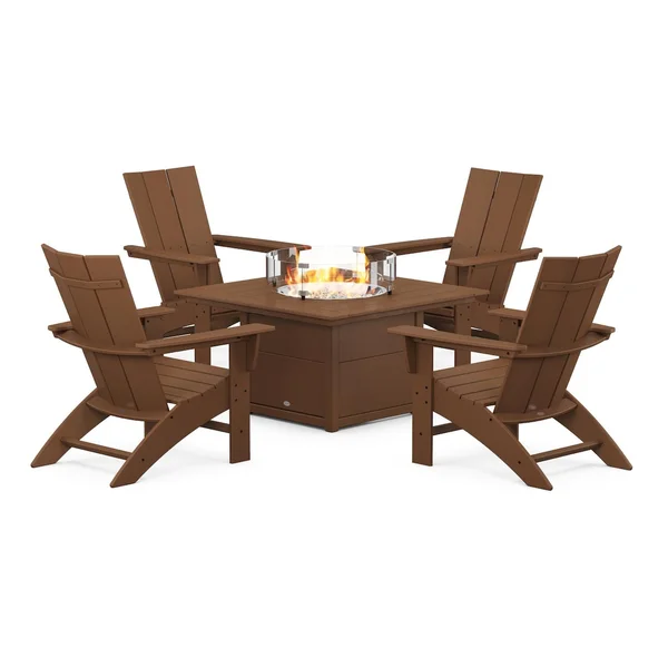 Modern Adirondack 5 Pc Recycled Plastic Fire Pit Seating Set w/ Curveback Chairs in Teak by POLYWOOD