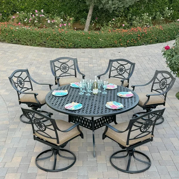 Ten Star 7 Pc Cast Aluminum Dining Set w/ Swivel Rocker Chairs in Antique Bronze By Darlee