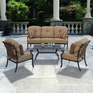Santa Monica 4 Pc Cast Aluminum Seating Set w/ 42 X 21 Inch Table & Throw Pillows in Antique Bronze/Sesame by Darlee