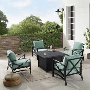 Windswept 5 Pc Steel Club Chair Seating Set w/ Fire Pit Table in Oil Rubbed Bronze/Mist by Ultimate Patio