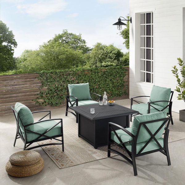 Windswept 5 Pc Steel Club Chair Seating Set w/ Fire Pit Table in Oil Rubbed Bronze/Mist by Ultimate Patio
