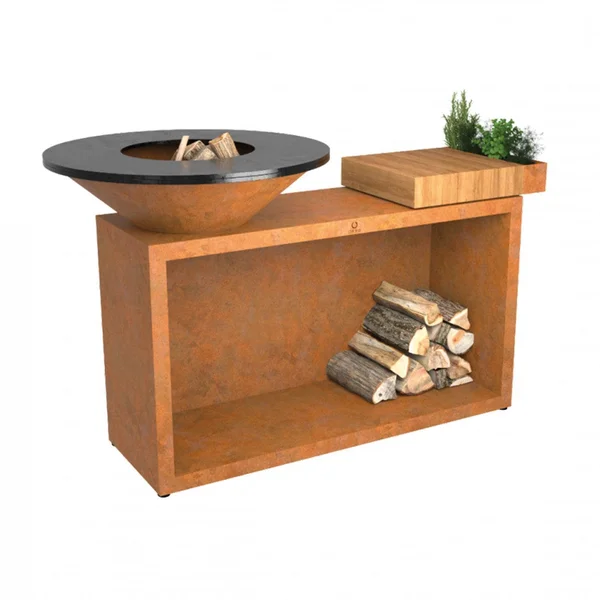 OFYR Island Corten 85 Teak Wood 35 Inch Wood-Fired Flat Top Grill - OI-85-TW