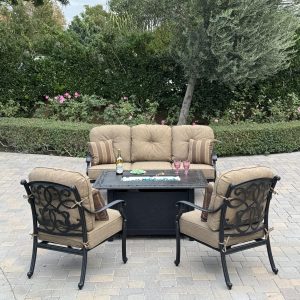 Santa Monica 4 Pc Cast Aluminum Fire Pit Seating Set w/ Club Chairs and Sofa in Antique Bronze/Sesame by Darlee