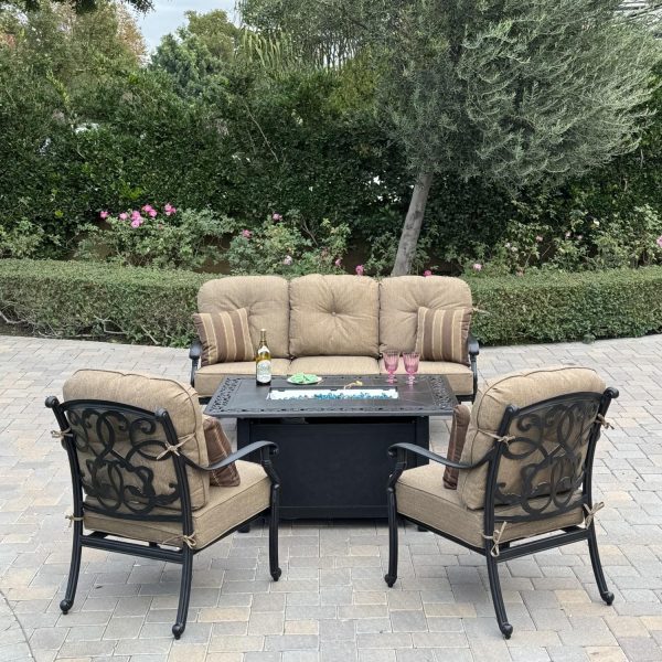 Santa Monica 4 Pc Cast Aluminum Fire Pit Seating Set w/ Club Chairs and Sofa in Antique Bronze/Sesame by Darlee