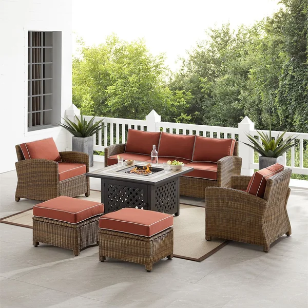 Branchwood 6 Pc Wicker Fire Pit Seating Set in Weathered Brown/Sangria by Ultimate Patio