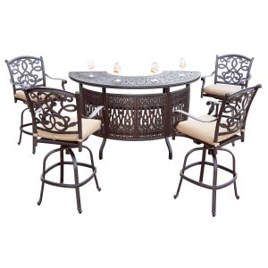 Santa Monica 5 Pc Cast Aluminum Bar Set w/ 75 X 39 Inch Elisabeth Party Bar in Antique Bronze/Sesame by Darlee