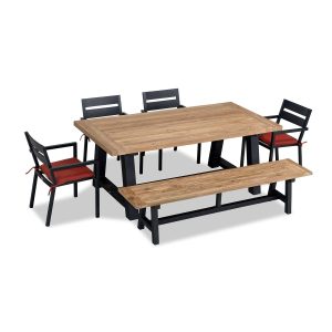 Calm Bay Mill 7 Pc Reclaimed Teak Aluminum Dining Set w/ Bench in Black/Canvas Henna by Lakeview Outdoor Designs