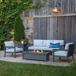Cabin Way 5 Pc Seating Set w/ 50 Inch Propane Fire Pit, Sofa, Chairs & Tank Cover by Lakeview Outdoor Designs