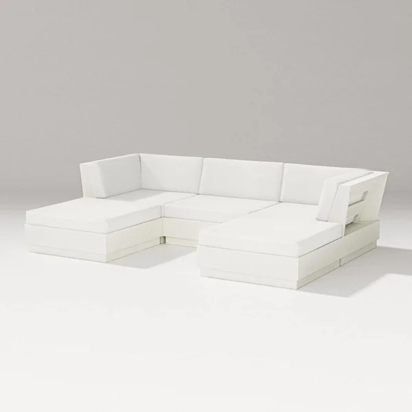 Elevate 5 Pc Recycled Plastic Double Chaise Sectional Seating Set in Vintage White/Natural Linen By PW Designer Series