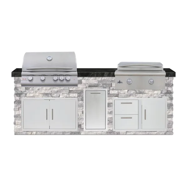 BBQGuys Signature 8 Ft Outdoor Kitchen Island w/ 32 Inch Natural Gas Blaze LTE+ Grill & Griddle & Narrow Trash Bin | Alaska Gray w/ Black Granite