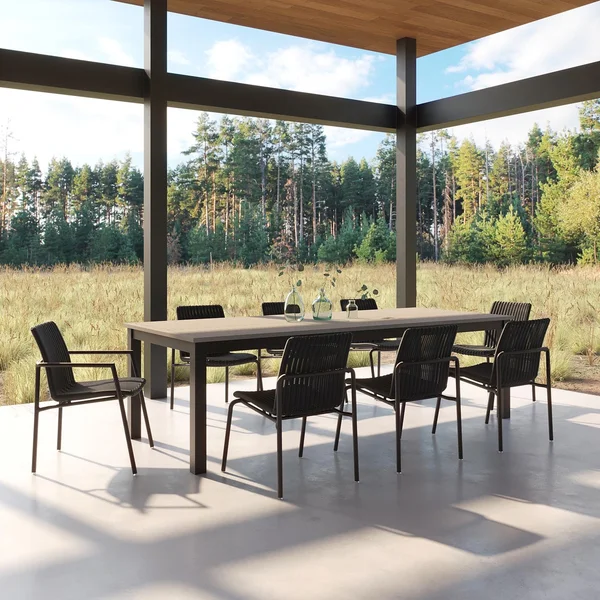 Orso 9 Pc Wicker & Aluminum Dining Set W/ Vintage Tekwood Table Top in Carbon/Shadow By Oxford Garden