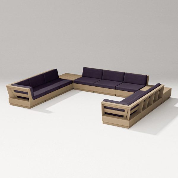 Elevate 11 Pc U-shaped Recycled Plastic Sectional Seating Set in Vintage Sahara/Navy Linen By PW Designer Series
