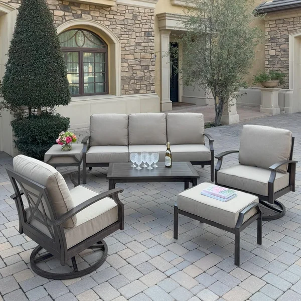 Atlantis 6 Pc Aluminum Seating Set w/ Sofa, 2 Swivel Rocker Club Chairs & 2 Ottomans in Walnut/Beige by Darlee
