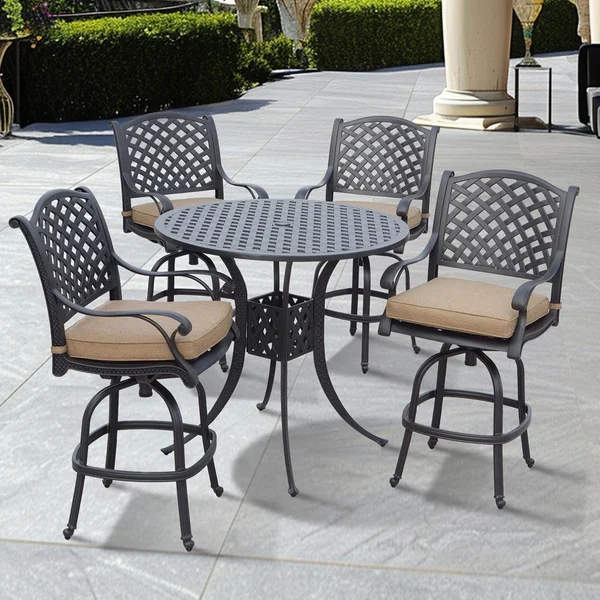 Nassau 5 Pc Cast Aluminum Bar Set w/ 42 Inch Round Series 30 Table & Swivel Bar Stools in Antique Bronze/Sesame by Darlee