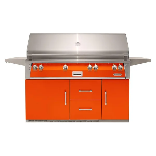 Alfresco ALXE 56-Inch Freestanding Propane All Grill On Refrigerated Cart With Sear Zone And Rotisserie in Luminous Orange - ALXE-56BFGR-LP-S2005