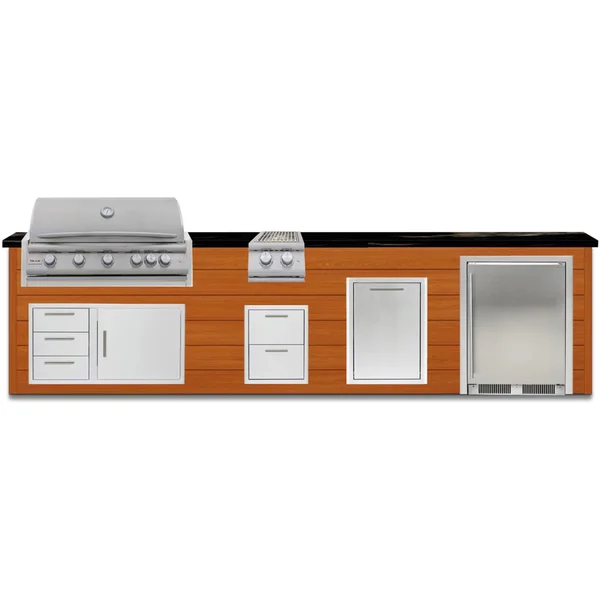 BBQGuys Signature 12 Ft Outdoor Kitchen Island w/ 40 Inch Natural Gas Blaze LTE+ Grill, Double Side Burner, Refrigerator & Double Trash Bin | Chai Cedar w/ Titanium Granite