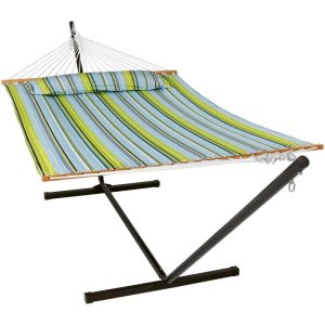 Ultimate Patio Quilted Hammock w/ Stand & Spreader Bars - Blue & Green