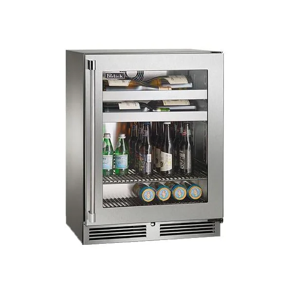 Perlick 24-Inch Signature Series Shallow Depth Marine & Coastal Series Stainless Steel Glass Door Outdoor Beverage Center w/ Door Lock - Right Hinge - HH24BM-4-3RL