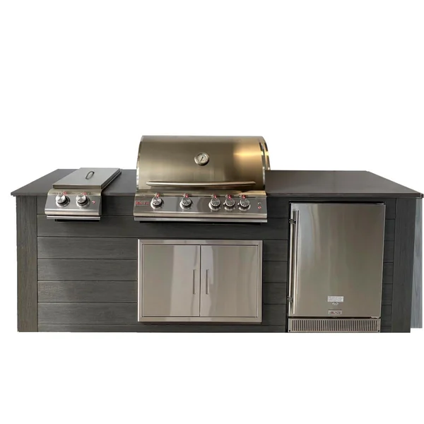 Pro-Fit 8-Foot Outdoor Kitchen Island W/ Blaze LTE 32-Inch Natural Gas Grill, Double Side Burner & Refrigerator - Onyx / Grigio Piombo Satin