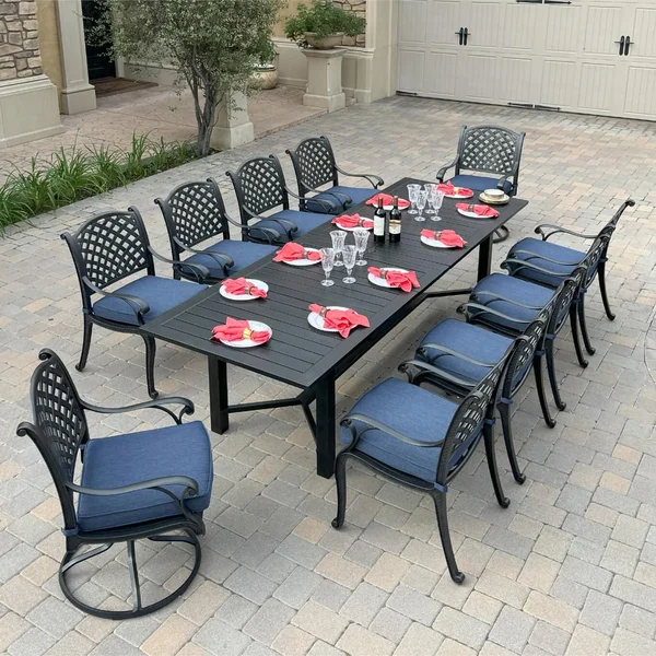 Nassau 11 Pc Cast Aluminum Dining Set w/ Rocker in Antique Bronze w/ Navy Cushions By Darlee
