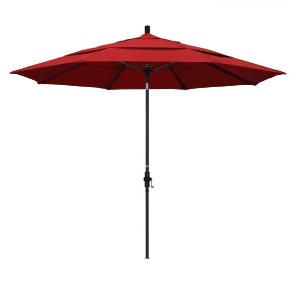 California Umbrella 11 Ft. Octagonal Aluminum Collar Tilt Patio Umbrella W/ Crank Lift & Fiberglass Ribs - Matted Black Frame / Olefin Red Canopy