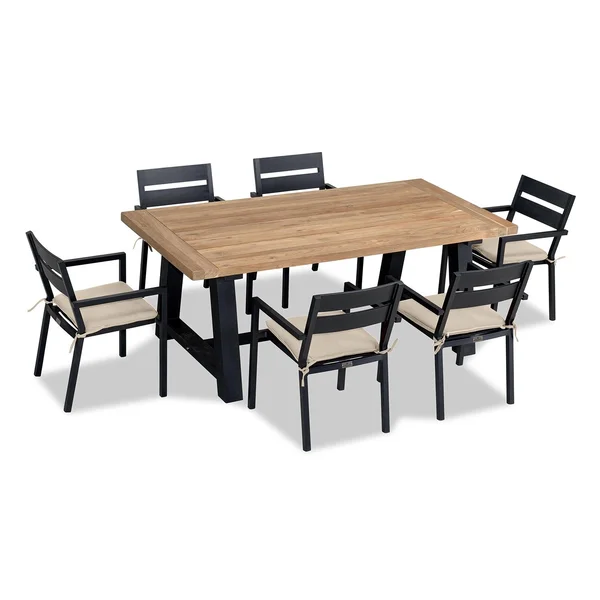 Calm Bay Mill 7 Pc Reclaimed Teak Aluminum Dining Set in Black/Canvas Flax by Lakeview Outdoor Designs