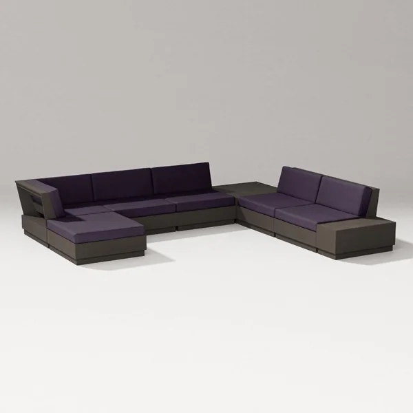 Elevate 8 Pc Recycled Plastic Sectional Seating Set in Vintage Coffee/Navy Linen By PW Designer Series