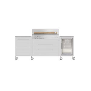 Burnout BBQ Modular Outdoor Kitchen Island on Casters w/ Flammkraft Model D Built-In Grill, Caso 2.2 Cu Ft Refrigerator, and Propane Pullout - Dust