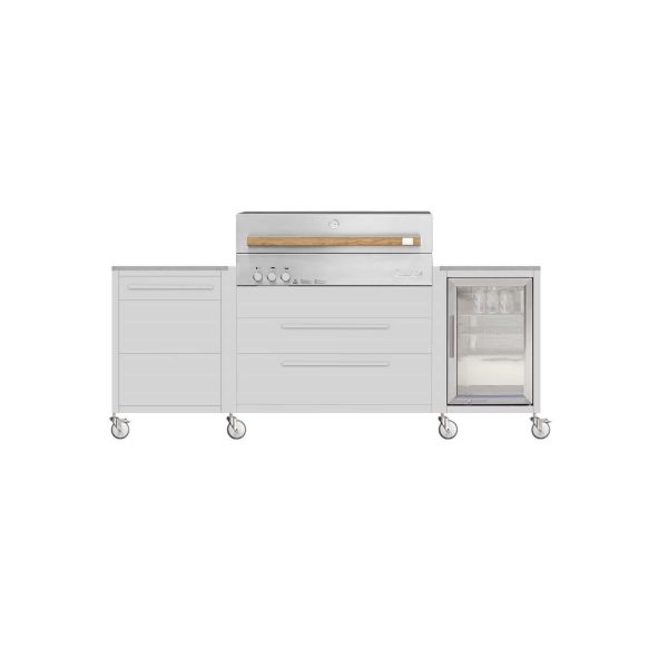 Burnout BBQ Modular Outdoor Kitchen Island on Casters w/ Flammkraft Model D Built-In Grill, Caso 2.2 Cu Ft Refrigerator, and Propane Pullout - Dust