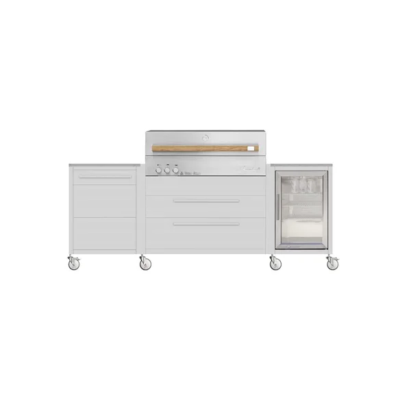 Burnout BBQ Modular Outdoor Front - Lit Kitchen Island on Casters w/ Flammkraft Model D Built-In Grill, Caso 2.2 Cu Ft Refrigerator, and Propane Pullout - Dust