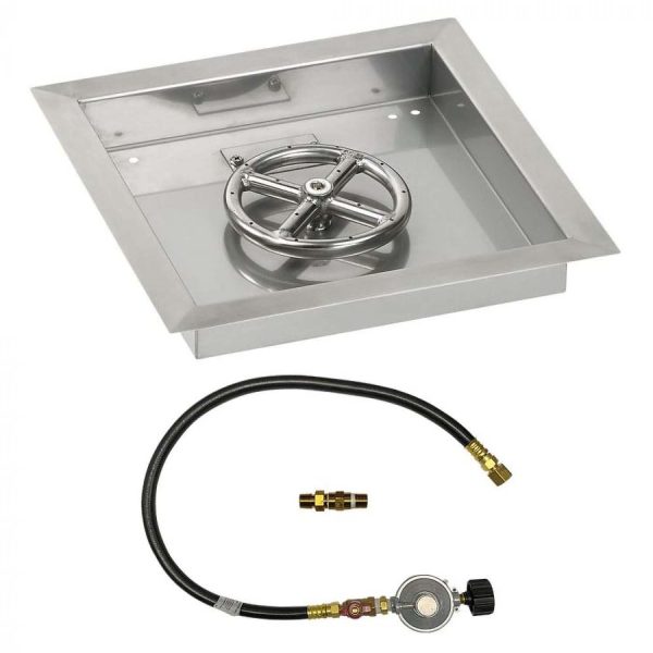 BBQGuys Signature 12 Inch Stainless Steel Square Drop-In Fire Pit Pan W/Match Light Kit - 6 Inch Ring - Propane