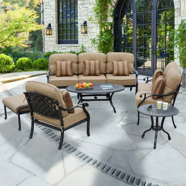 Nassau 6 Pc Cast Aluminum Seating Set w/ 46 X 31 Inch Oval Table & Throw Pillows in Antique Bronze/Sesame by Darlee