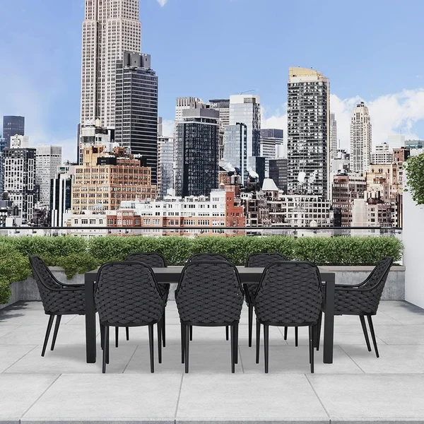 Chloe Bay 9 Pc Aluminum Extendable Dining Set in Black/Concrete by Lakeview Outdoor Designs