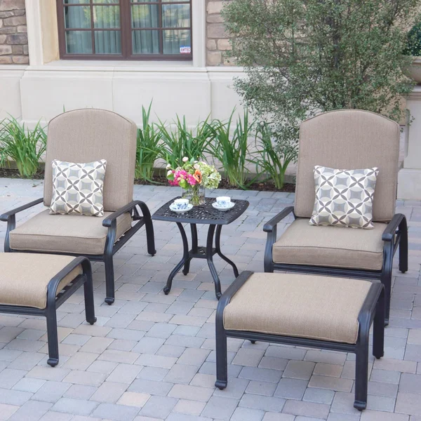 Elisabeth 5 Pc Cast Aluminum Seating Set w/ 21 Inch Square Table w/ Reclining Chairs , Ottomans & Throw Pillows in Antique Bronze/Sesame by Darlee